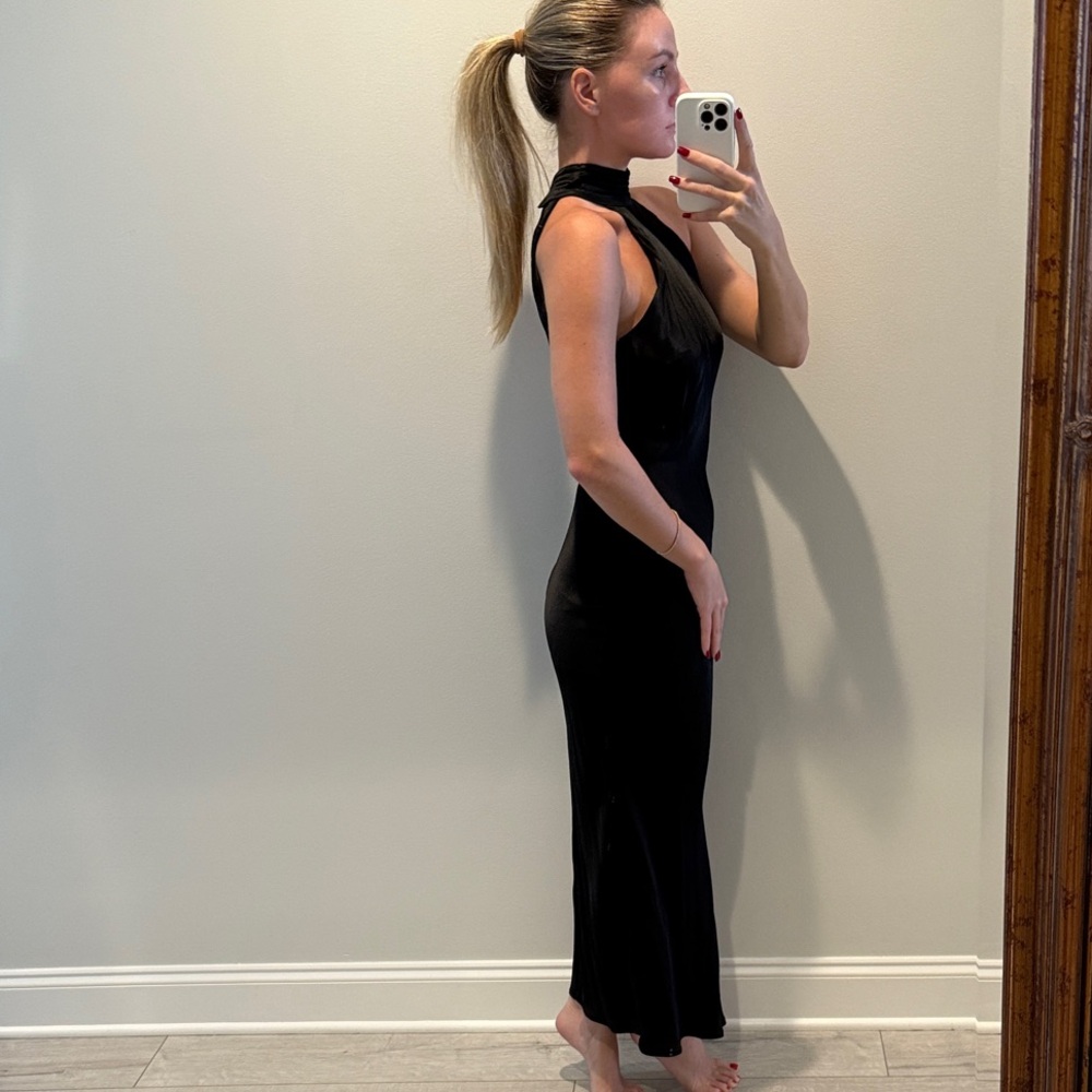 Meshki High Neck Open Back Black Dress